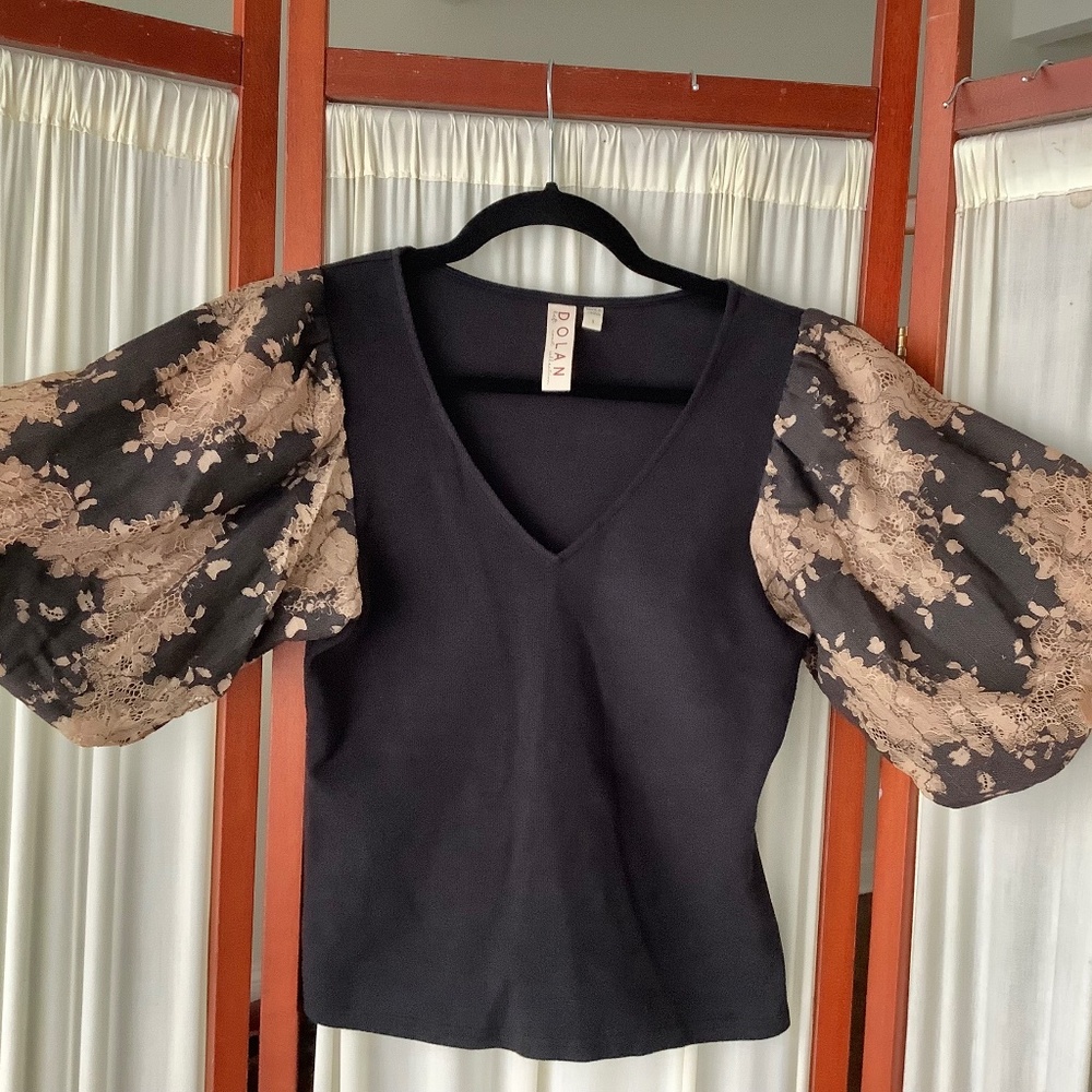 Anthropologie Dolan Lace Puff-Sleeve Top Black Ribbed Size S